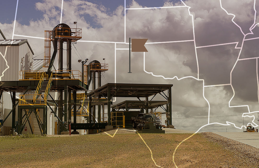 A breeding facility with partly cloudy skies in the background with an overlay of white-outlined Southern states, focusing on Texas.  