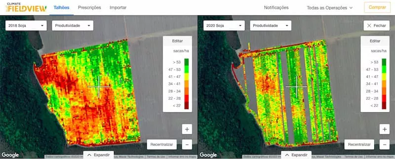 Evolução do mapa de produtividade após a correção realizada na área de 60 ha da Fazenda Maringá, do Grupo Ouro Verde