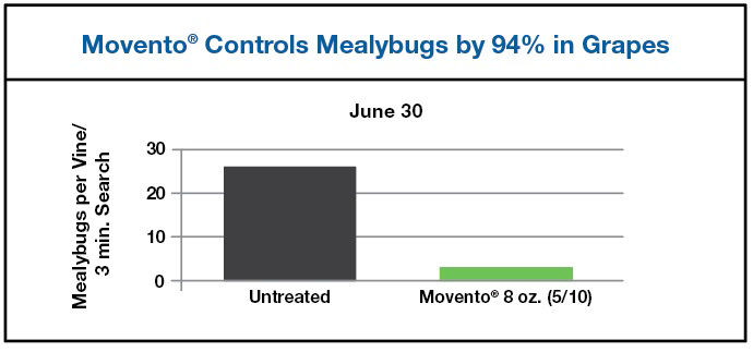 Chart results showing Movento Controls Mealybugs by 94% in Grapes