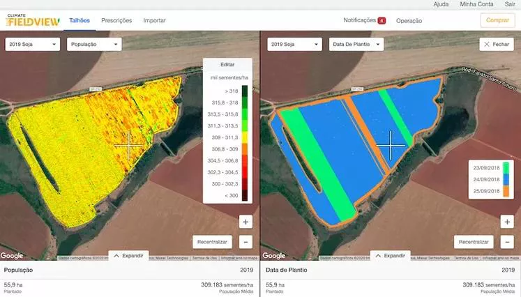 A ferramenta Split Screen (conhecida como Visão Lado a Lado) apresenta, à esquerda, um mapa de população de plantas em determinado talhão; à direita, a ferramenta o compara com o mapa de plantio da mesma área
