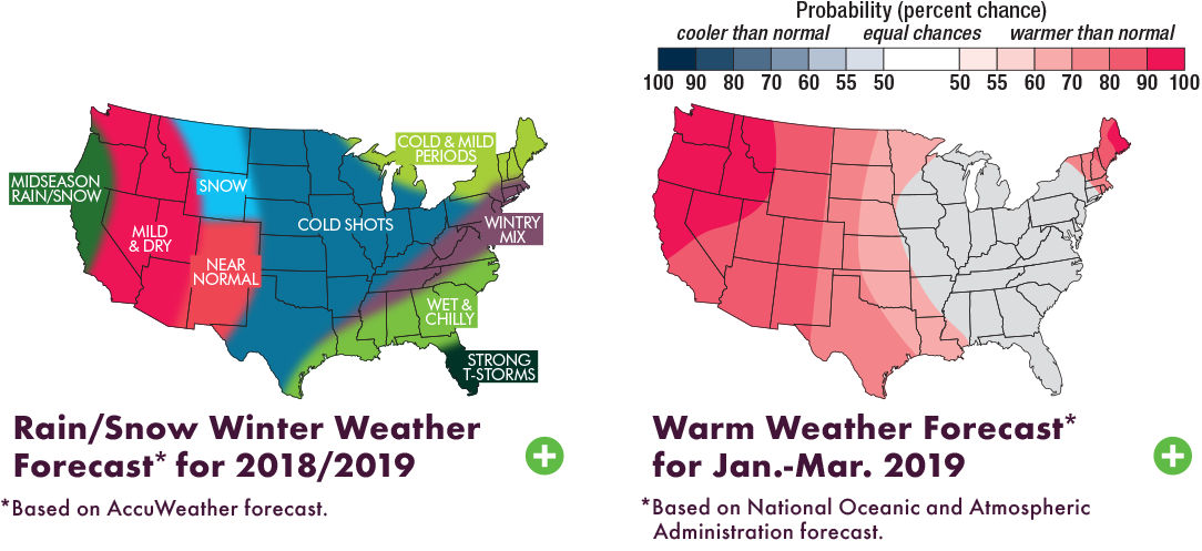 US country outline rain snow winter weather forecast for 2018 2019