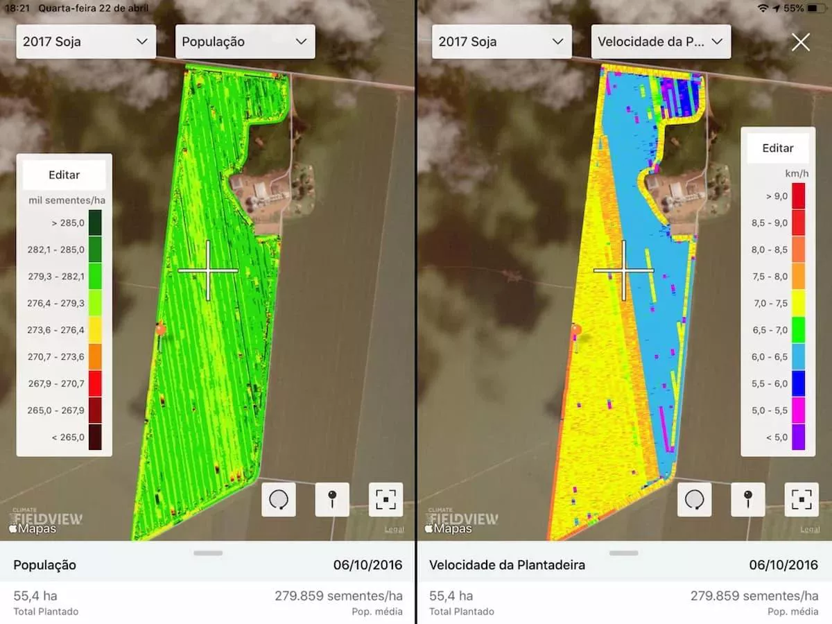 Comparação entre mapa da velocidade da plantadeira com mapa de população de sementes