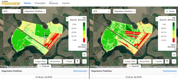 Mapa de monitoramento do Diagnóstico FieldView™ à direita mostra, em vermelho, as áreas atingidas pela geada