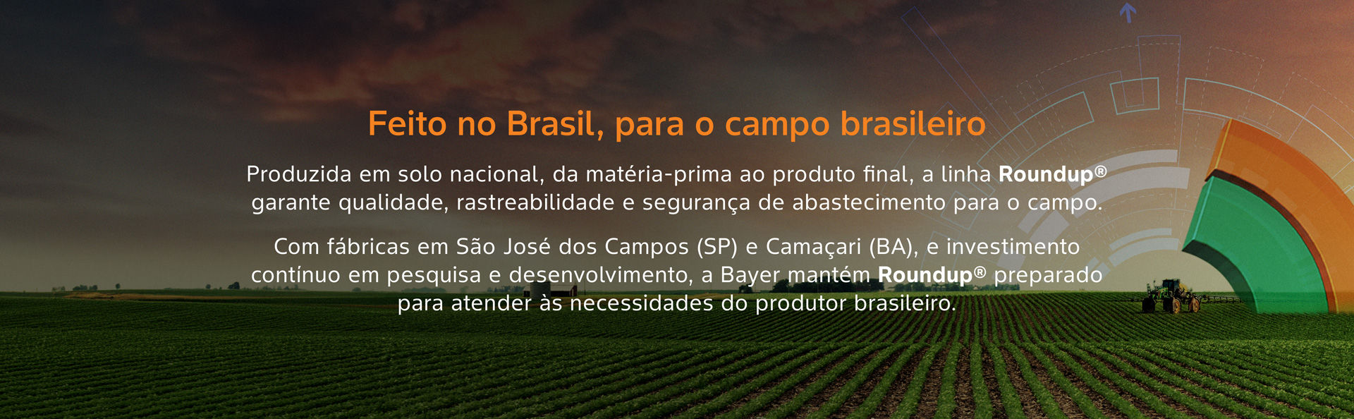 campo de fundo e texto falando sobre o produto ser feito no Brasil, sobreposto
