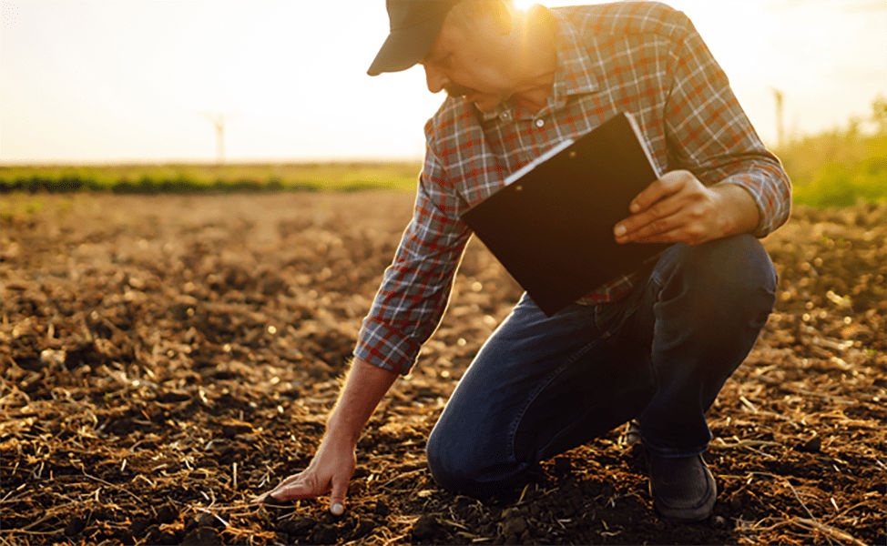 Farmer kneeling in a field, checking the soil with a clipboard in hand at sunrise or sunset.