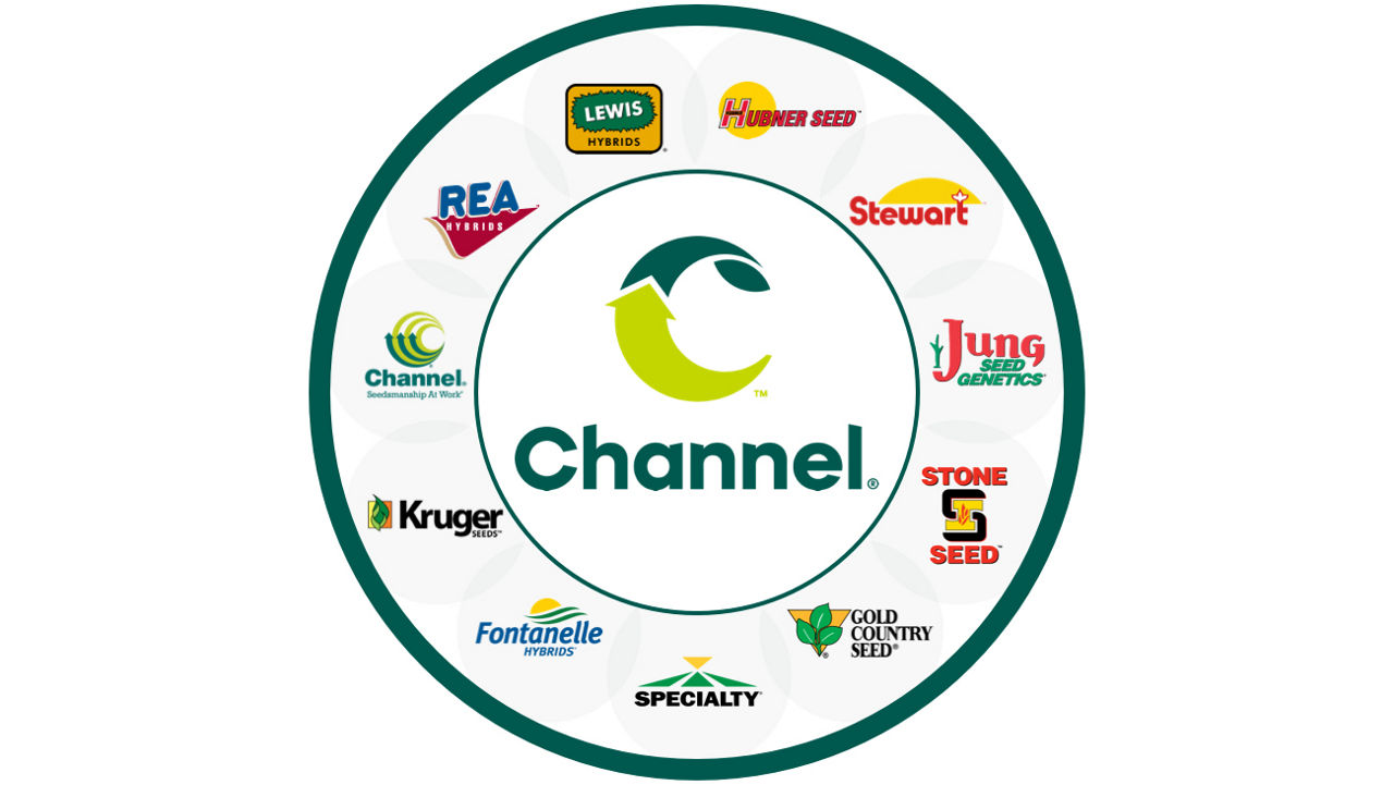 Bayer seed brands’ logos displayed in a wheel shape object, including Channel and legacy Regional Seed
