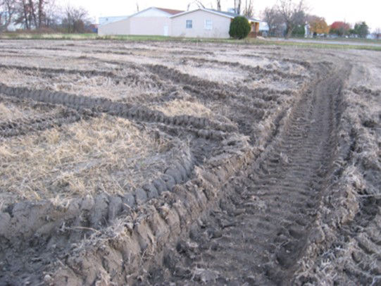 Severe soil compaction in a field which is likely to impact corn productivity
