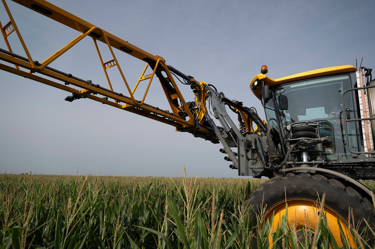 A sprayer is shown in a corn field where it is able to easily access and spray short stature corn hybrids with crop protection products. Short stature corn's reduced height makes spraying crop protection and applying nitrogen easier.