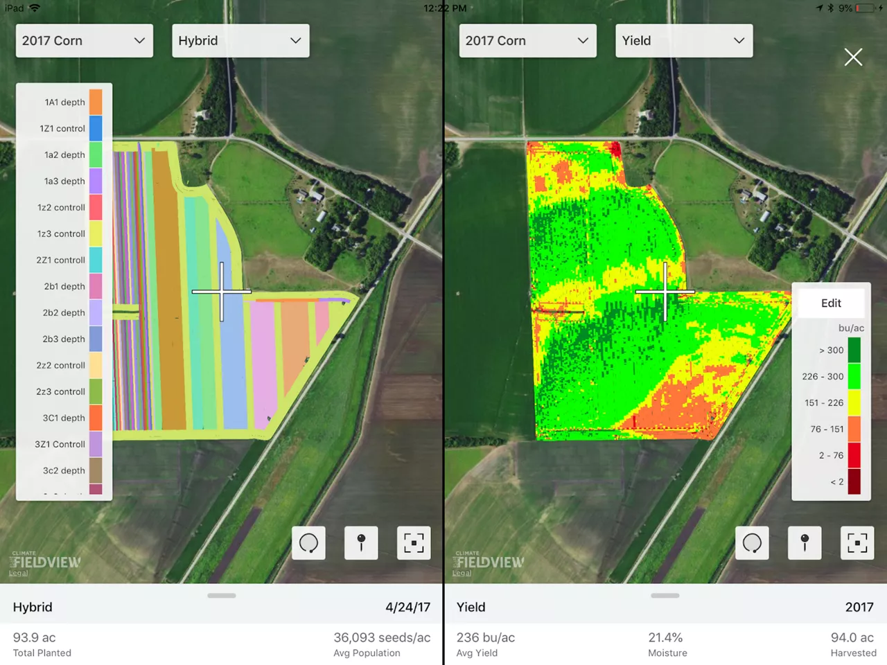 Side-by-side map comparing hybrid to yield