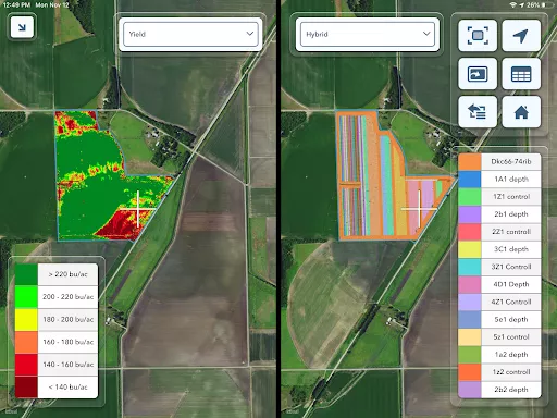 Side-by-side map comparing hybrid to yield in the FieldView Cab app.