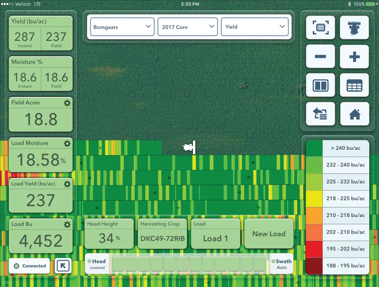 Example of harvest collection in the FieldView Cab app