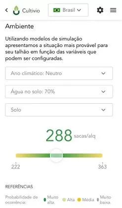 Imagem mostra a tela do app cultivio exibindo um simulação 