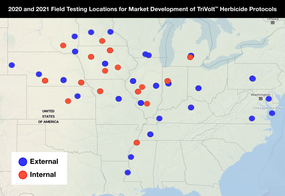 2020 and 2021 Field Testing Locations for Market Development of Trivolt Herbicide Protocols