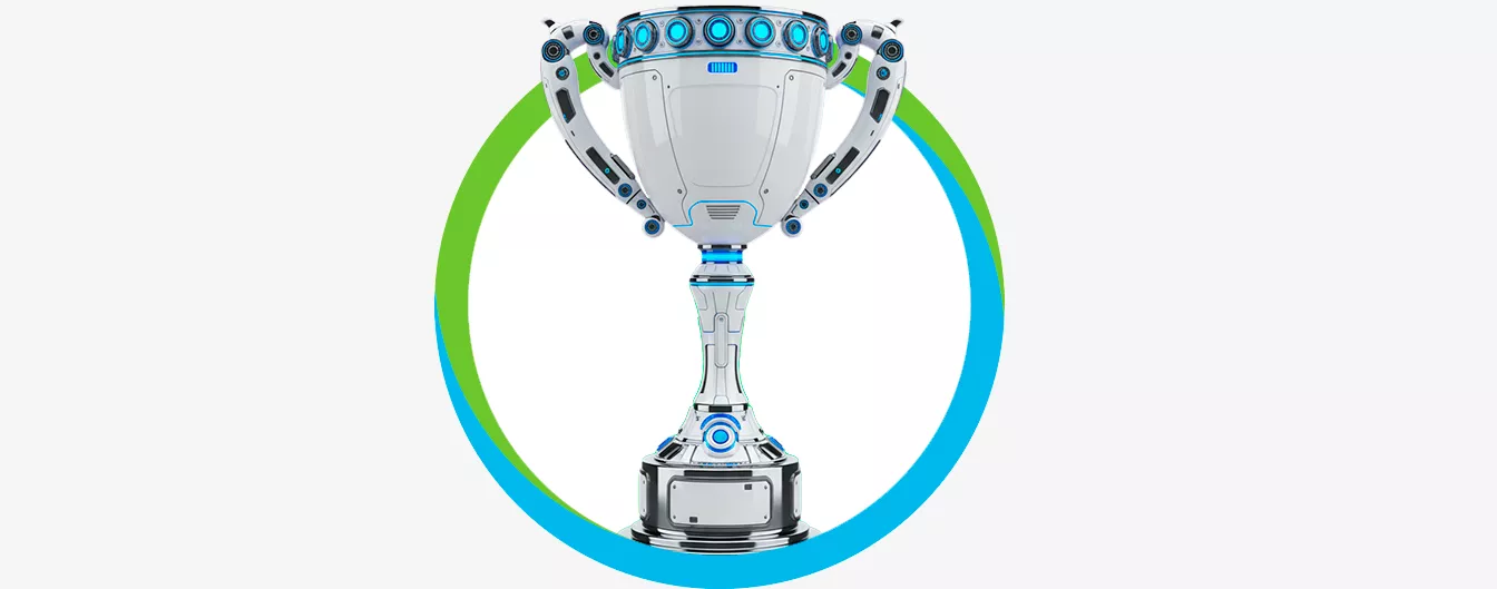 Taça metálica estilizada com detalhes futuristas em azul e prateado, cercada por círculo verde e azul.