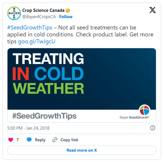 #SeedGrowthTips – Not all seed treatments can be applied in cold conditions. Check product label. Get more tips https://goo.gl/TwJgcU