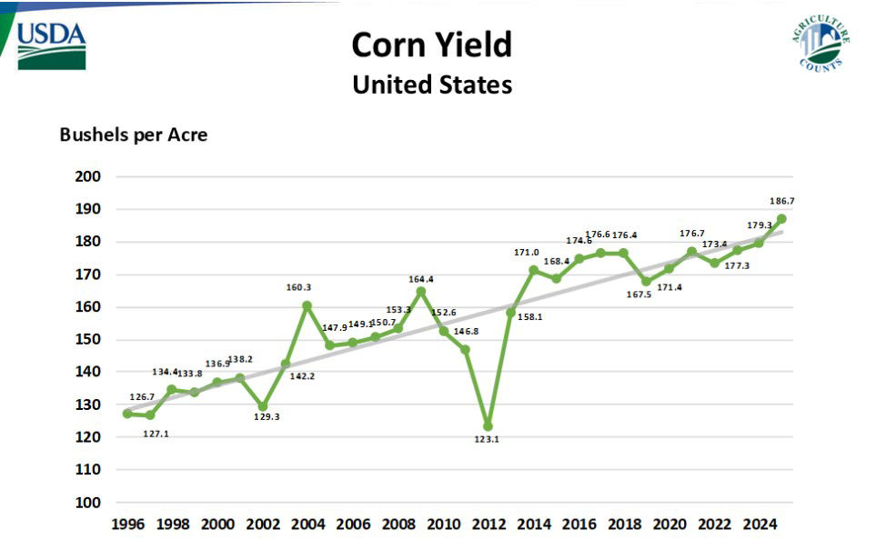 USDA Corn yield graph showing bushels of corn per acre increasing 47% from 1996 - 2024. 