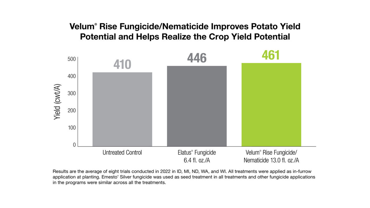 Velum® Rise potato fungicide can provide up to $658/A more revenue than untreated control, based on multiple trials