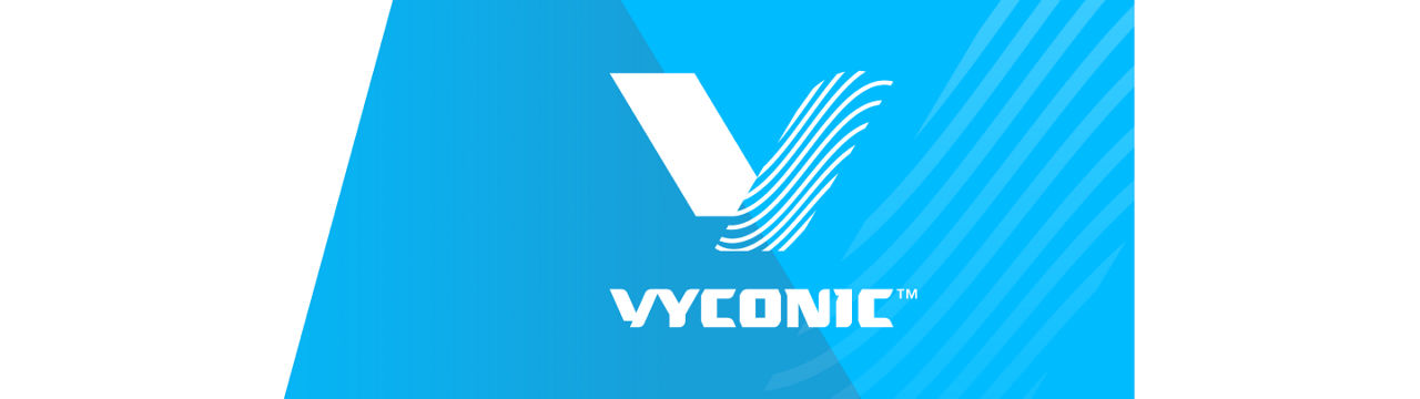 A white V logo with Vyconic labeling on a blue background  