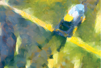 A water-colored painting of a tractor in green and yellow theme