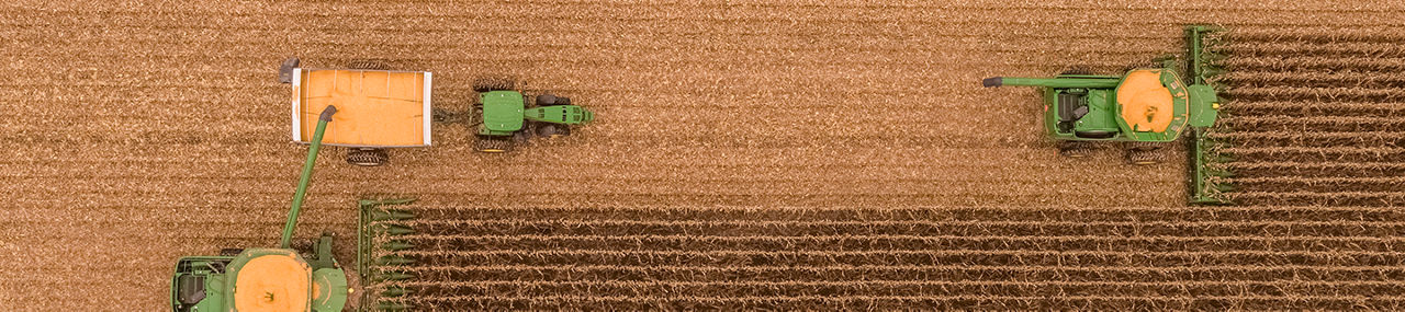 Arial image view of fields being harvested 