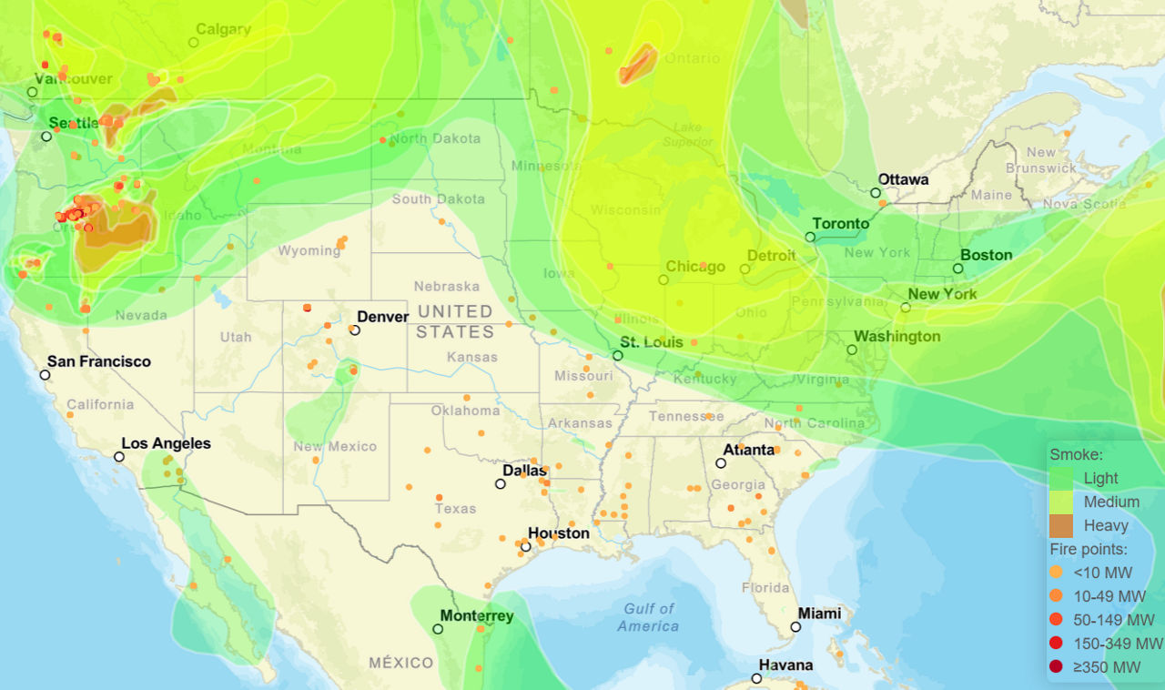 Map of Canada, United States, and Mexico which shows the location of fires and smoke on a wildfire smoke map for July 20, 2026.