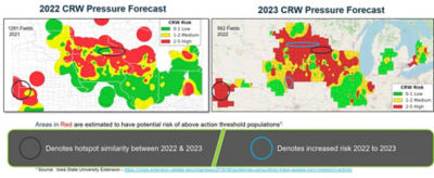 Figure 4. Comparison of 2022 and 2023 corn rootworm (CRW) risk forecasts based on 2021 (1291 fields) and 2022 (562 fields) CRW beetle monitoring. Fields were in CO, IA, IL, IN, KS, MI, MN, MO, NE, ND, OH, SD, and WI (2021); CO, IA, IL, IN, KS, MI, MN, MO, NE, ND, KY, SD, and WI (2022). 
